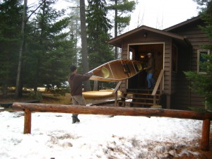 Taking the Kevlar canoes out of the dining hall