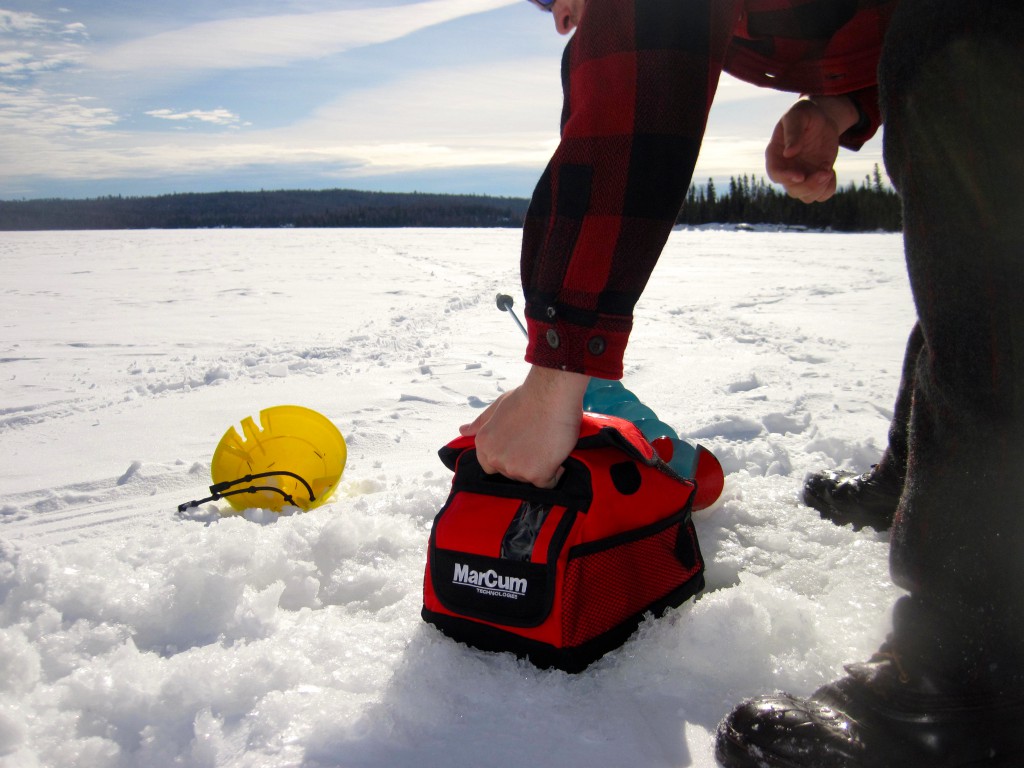 Ice fishing Marcum fish finder and NILS ice auger Tuscarora Lake Boundary Waters 