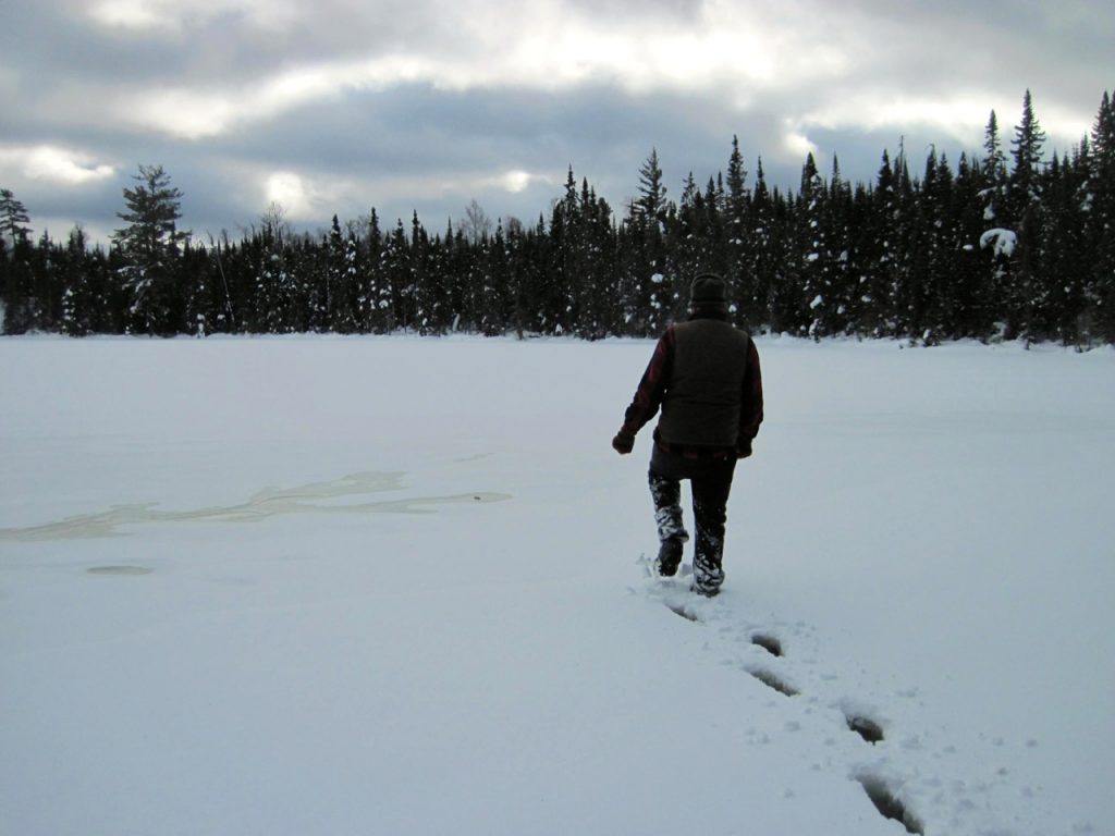 Winter hiking on Mavis Lake in the BWCA through slush 