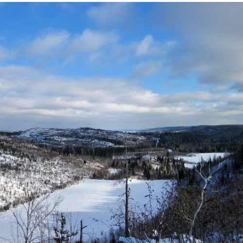 Overlook of Gunflint Trail beaver ponds, Gunflint Trail road, and Gunflint Lake from the Centennial Hiking Trail